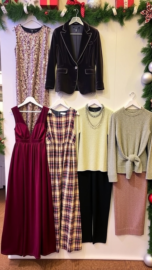 A collection of unique Christmas party outfits including a sequined dress, velvet blazer, jumpsuit, sweater dress, and metallic skirt, displayed with holiday decorations.